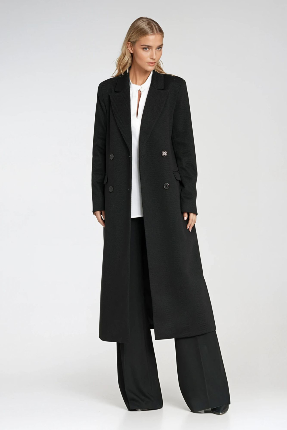 Elegant Double-Breasted Coat PL25 Black - Nife