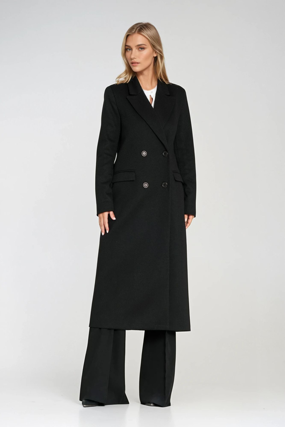 Elegant Double-Breasted Coat PL25 Black - Nife