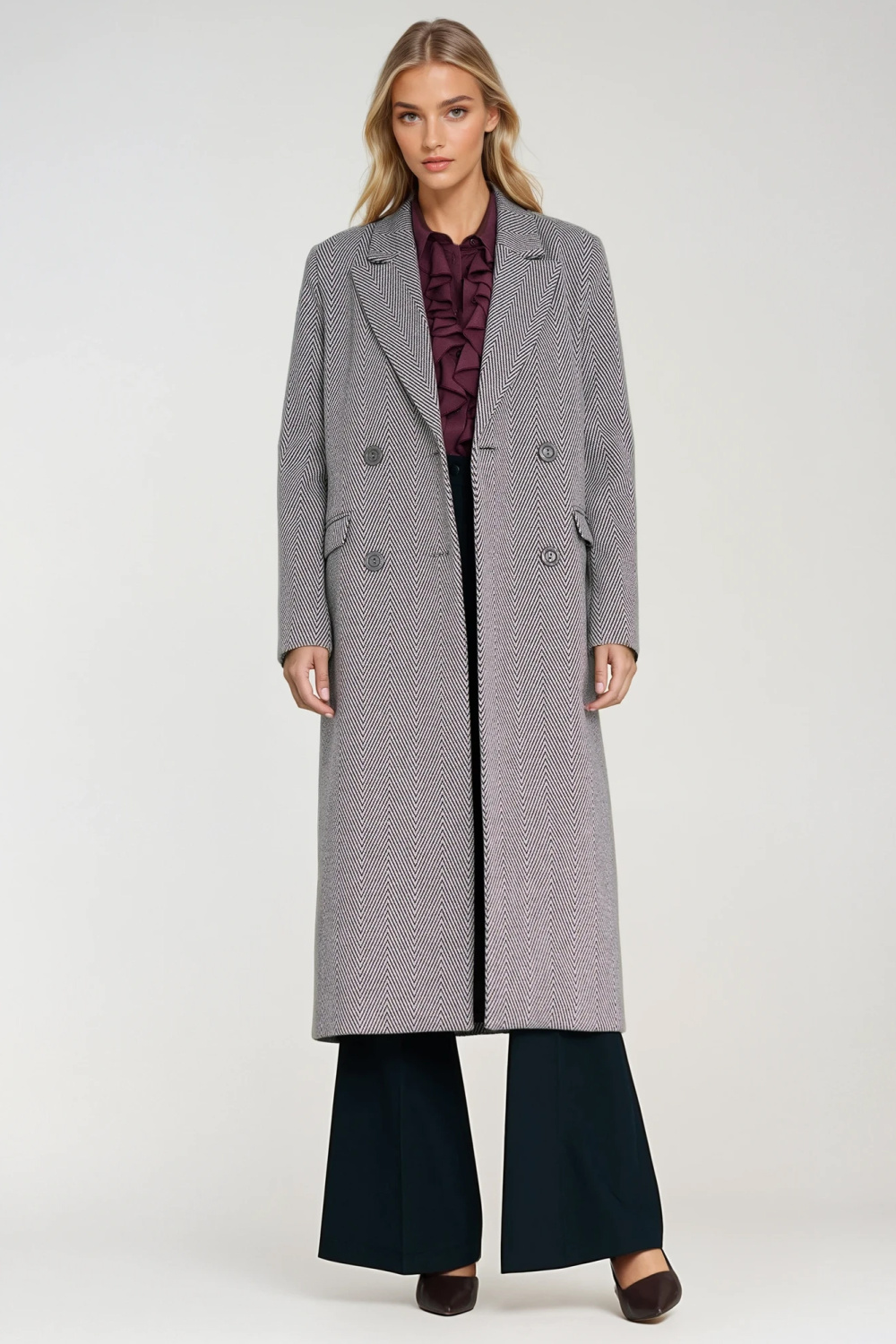 Elegant double-breasted coat PL25 Herringbone - Nife