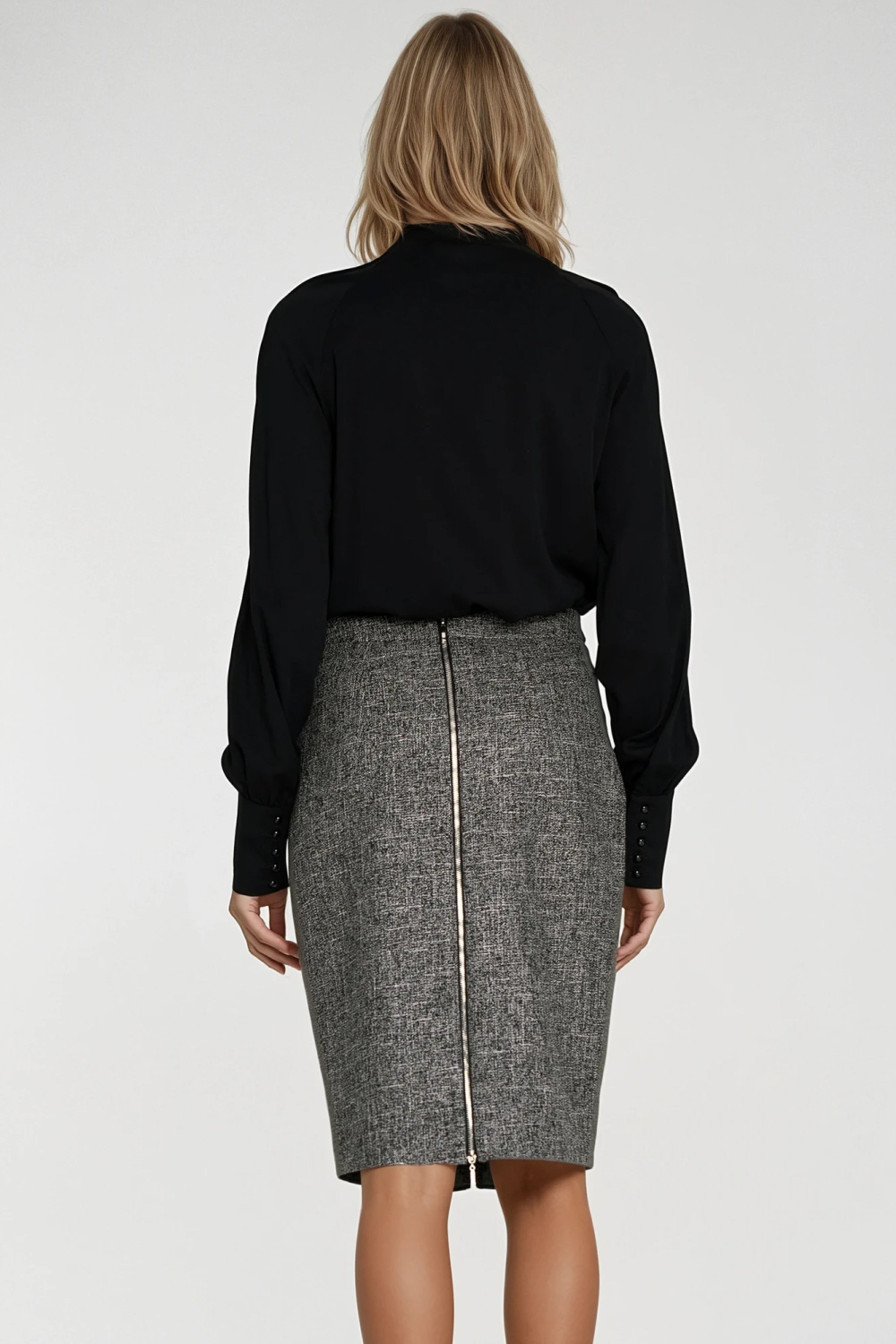 Pencil Skirt with Decorative Zip SP85 Black Melange - Nife