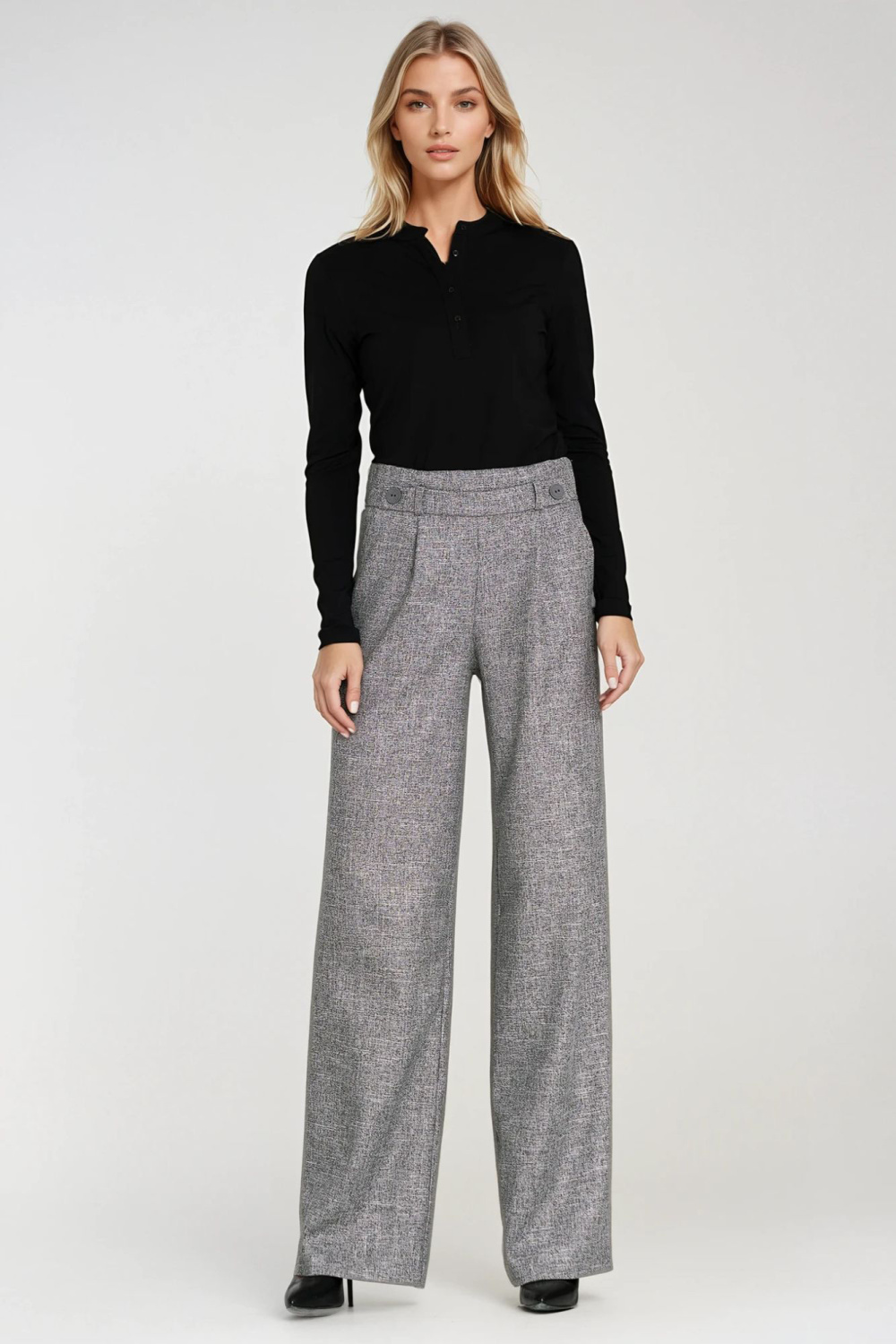 Wide-leg trousers with elastic waistband and buttons SD126 Grey Melange - Nife