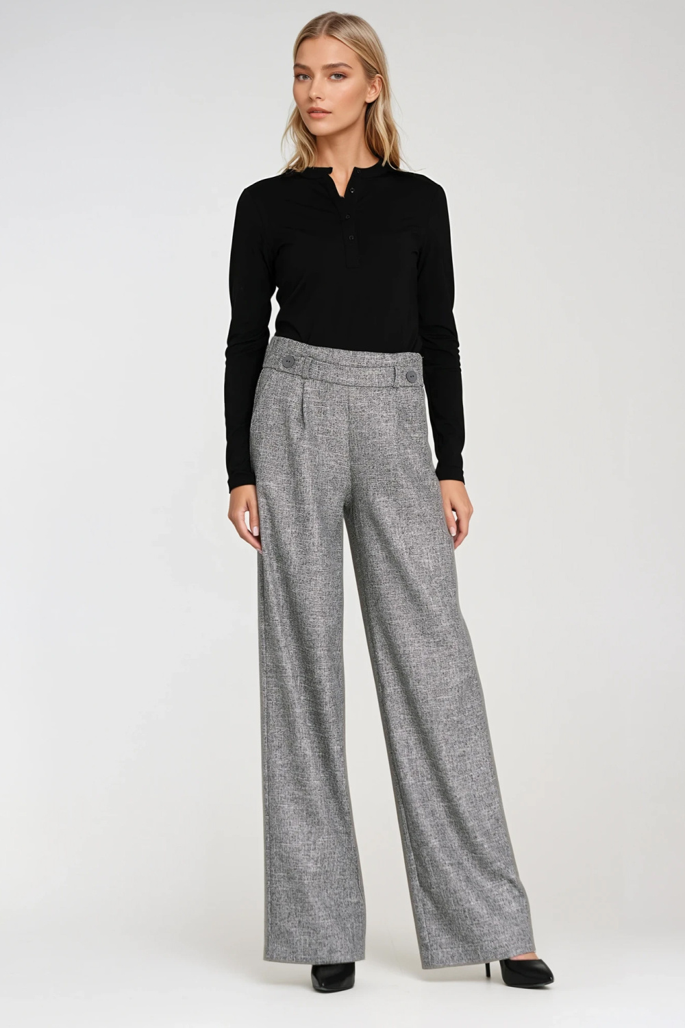 Wide-leg trousers with elastic waistband and buttons SD126 Grey Melange - Nife – Ansicht 2