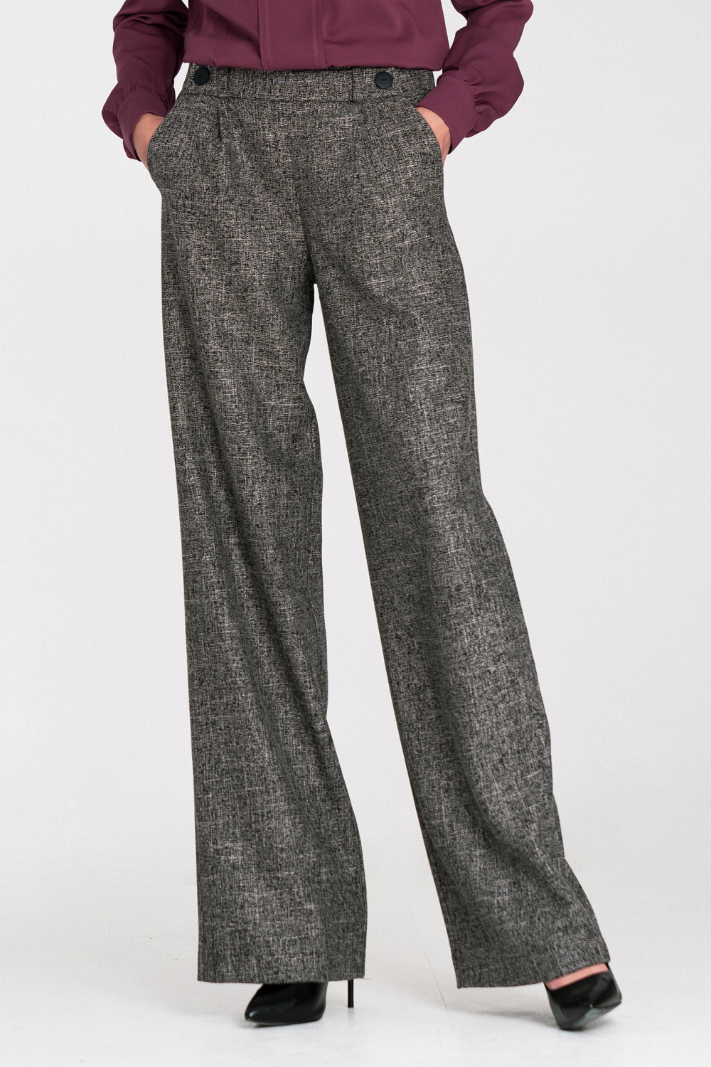 Wide-leg trousers with elastic waistband and buttons SD126 Black Melange - Nife