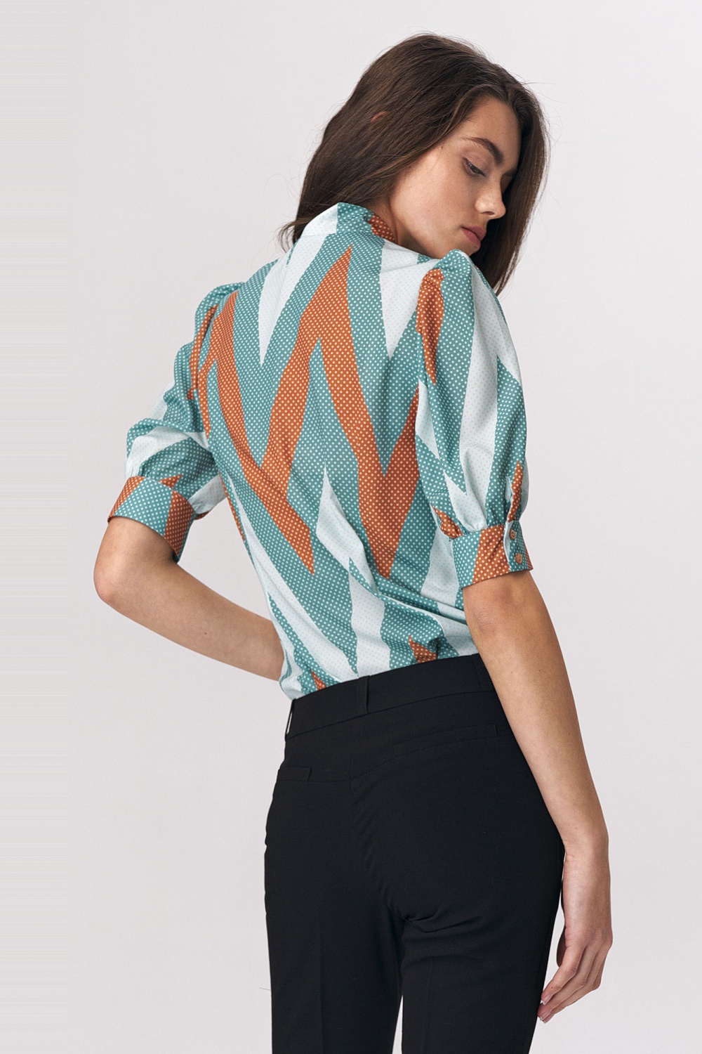 Turquoise blouse with neck tie and zigzag neckline B111 Turquoise - Nife – vue 2