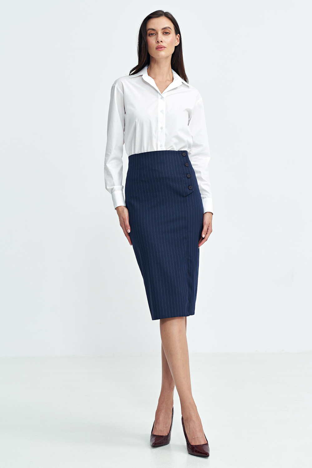 Pencil skirt with side button detail, ribbed SP77 Navy - Nife – vue 2