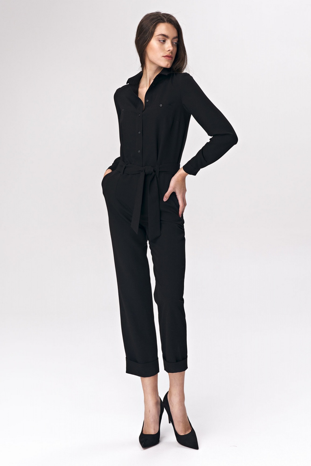 Black tie-waist jumpsuit KM13 Black - Nife