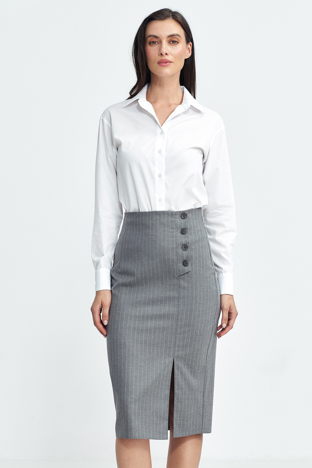 Pencil skirt with side buttons, pinstripe SP77 Grey - Nife