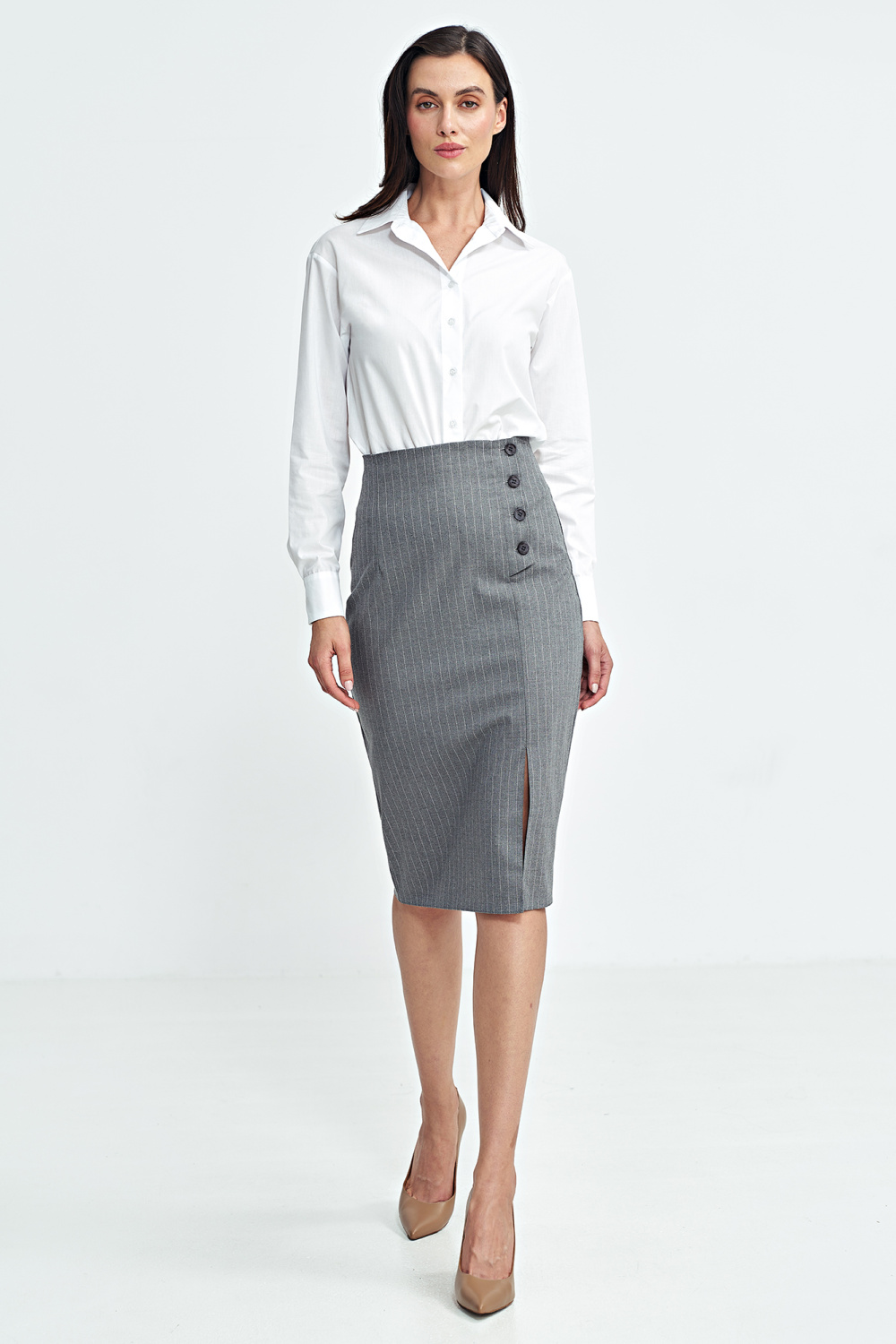 Pencil skirt with side buttons, pinstripe SP77 Grey - Nife