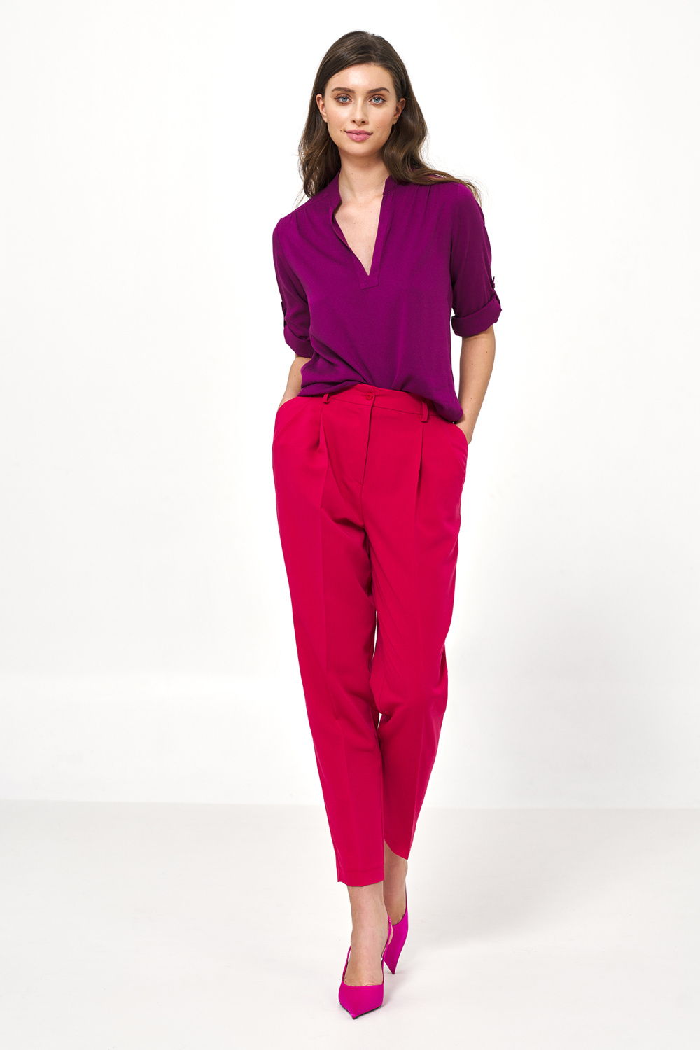 Viscose purple blouse with rolled-up sleeves B184 Purple - Nife