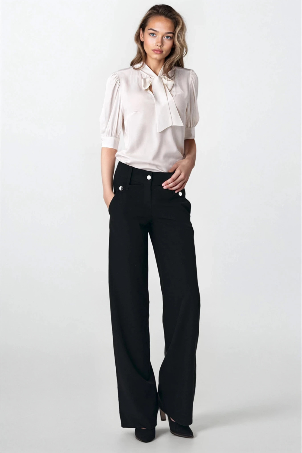Elegant ecru blouse with neck tie B170 Ecru - Nife