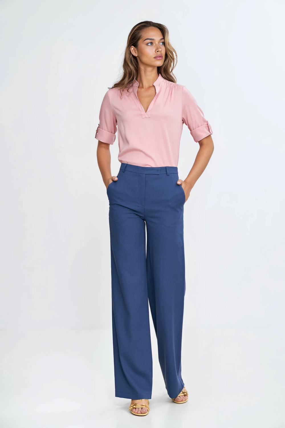 Bootcut rayon trousers with covered button SD111 Cobalt - Nife