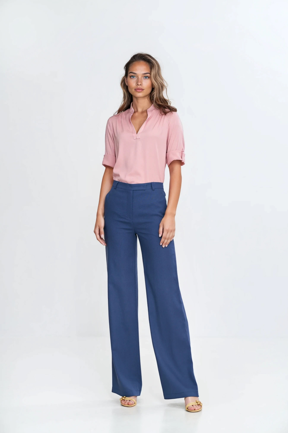 Bootcut rayon trousers with covered button SD111 Cobalt - Nife – vista 2