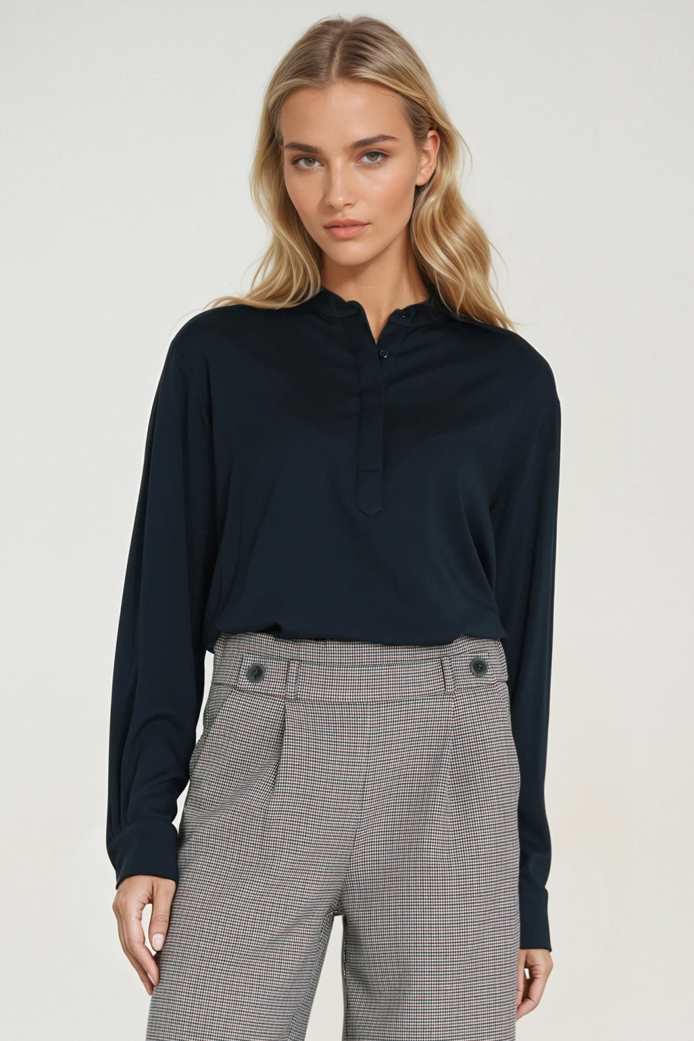 Viscose polo blouse with stand-up collar B194 Navy - Nife